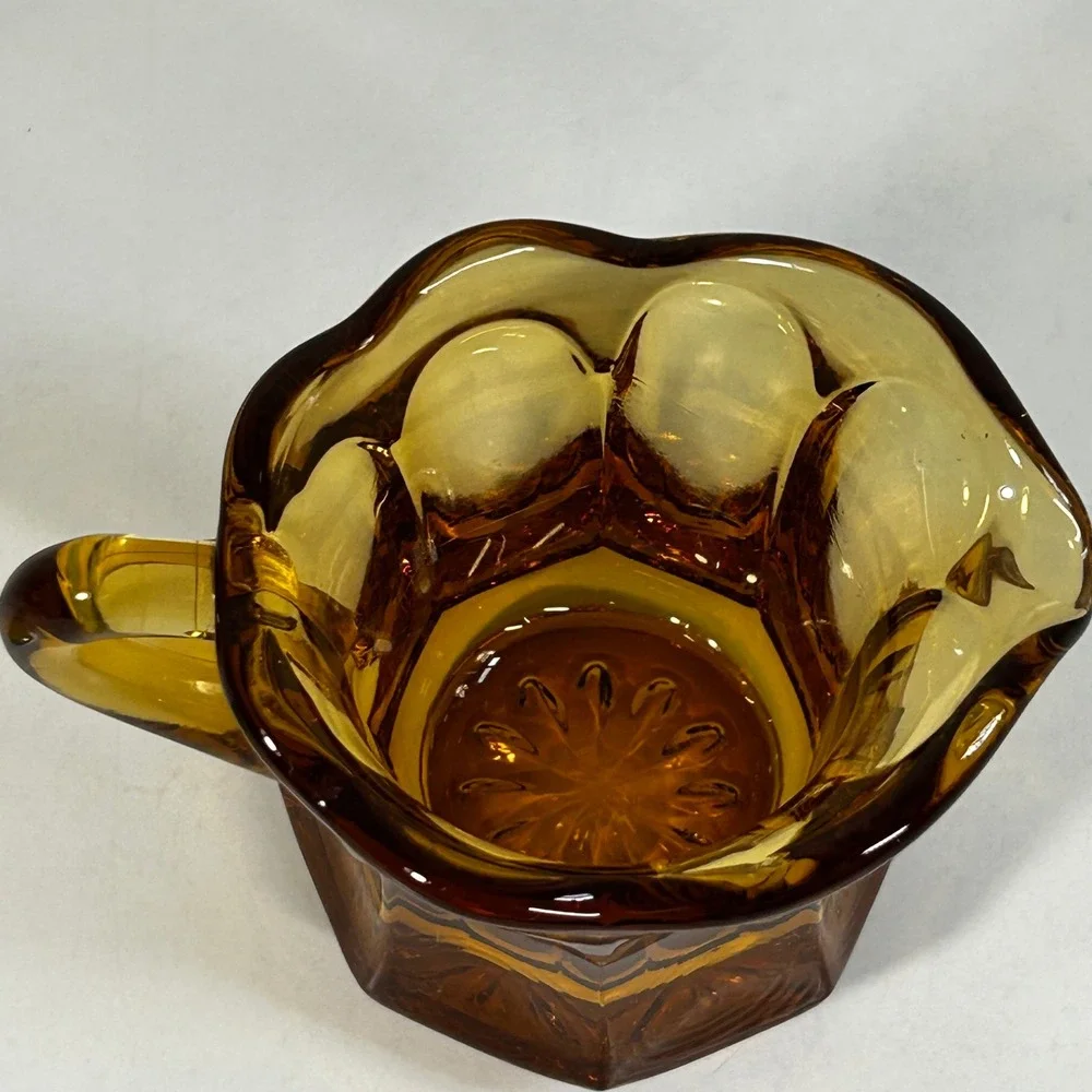 Vintage Amber Glass Creamer Paneled Scalloped Rim Small Pitcher Honey Gold‎